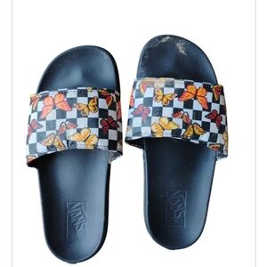 Vans Black and White Checkered Slides with Butterfly Design